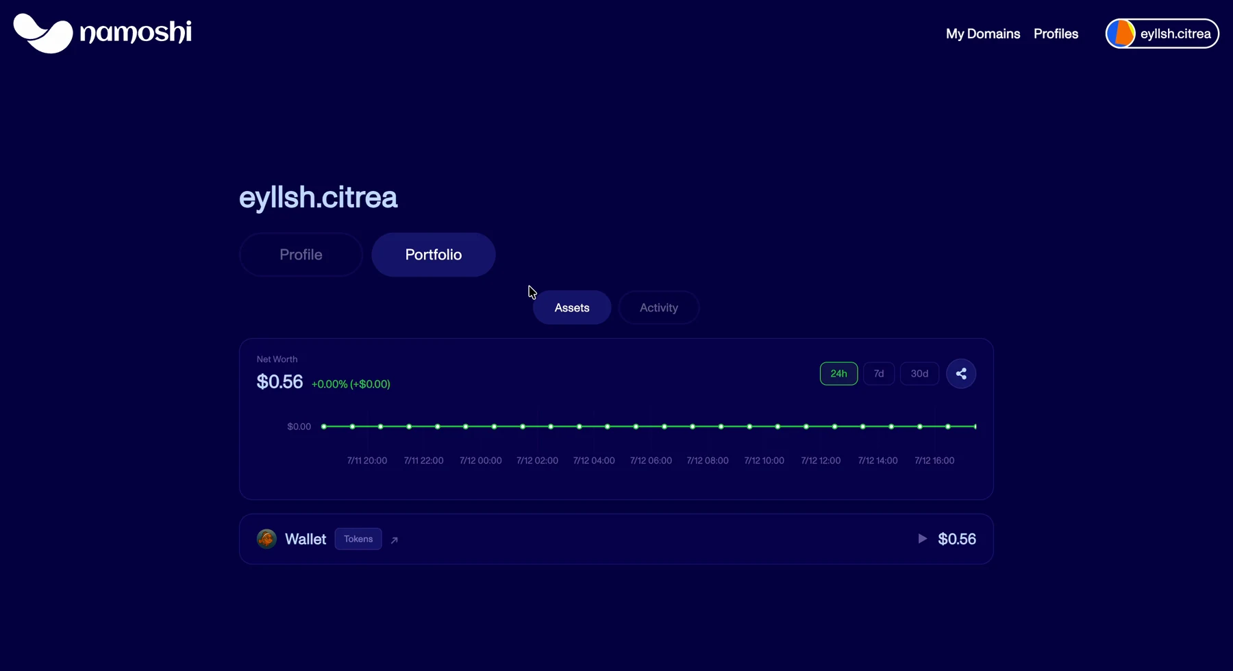 namoshi portfolio — net worth, assets over time, holdings