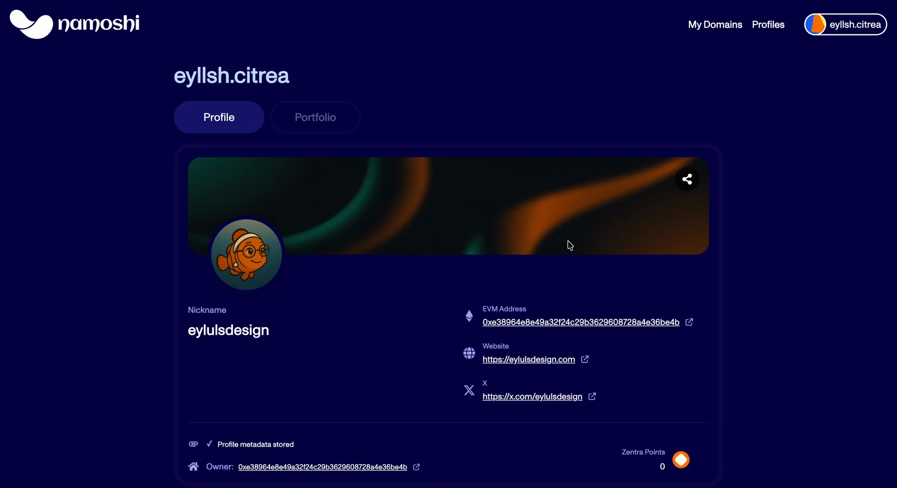 namoshi name profile — nickname, avatar, EVM address, links